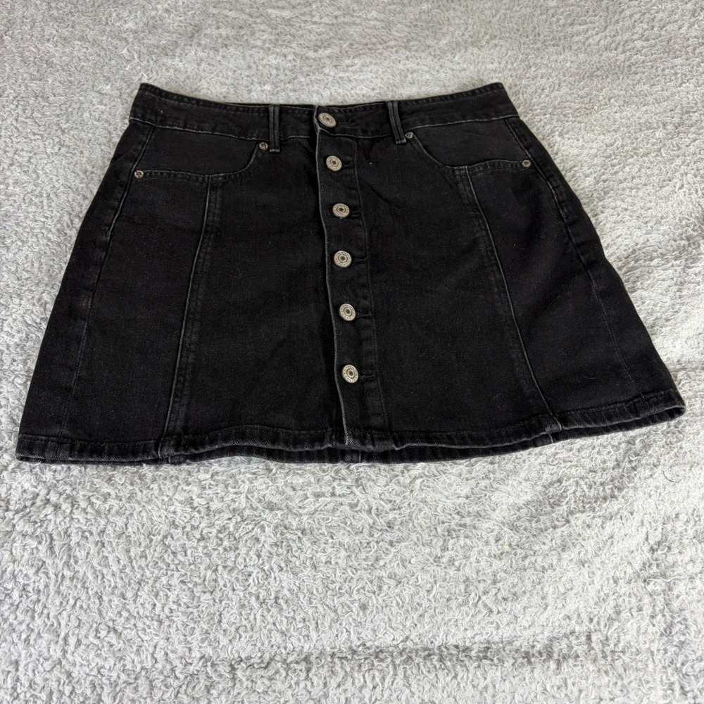 American Eagle Black Denim Button Front A-Line Mini Skirt Womens 6 High Waisted